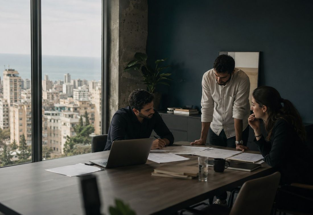 Colleagues reviewing documents in a Beirut office, the city skyline beyond the window