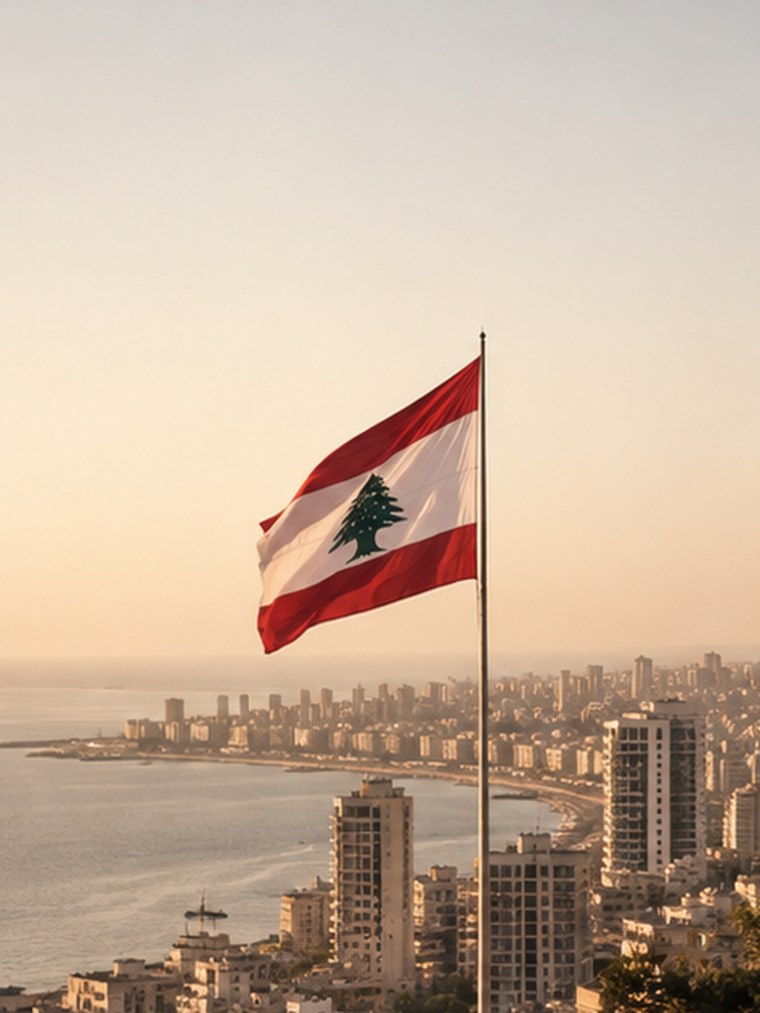 The Lebanese flag above the Beirut coastline at sunrise