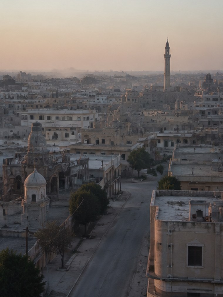 Northeast Syrian townscape at first light, a minaret on the skyline